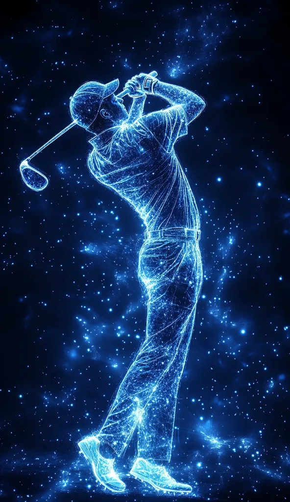 A dynamic image depicts a golfer in mid-swing, rendered in a striking blue, nebula-like effect.  The golfer's form is sharply defined against a dark, star-dusted background, creating a visually arresting contrast. The glowing lines suggest motion and energy, emphasizing the power and precision of the golf swing.  The overall aesthetic is futuristic and artistic.