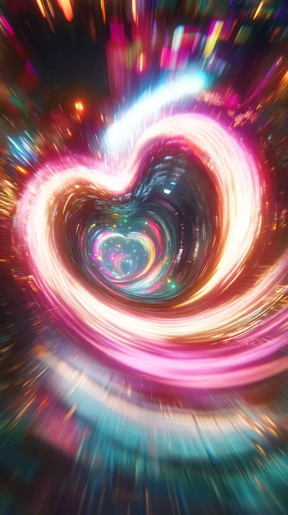 A vibrant, swirling heart-shaped tunnel of light dominates the image.  The colors are intensely saturated, ranging from pinks and purples to teal and gold, creating a mesmerizing effect.  The motion blur suggests rapid movement through a fantastical, almost dreamlike space.  Smaller hearts are visible within the larger form, adding depth and complexity to the scene.