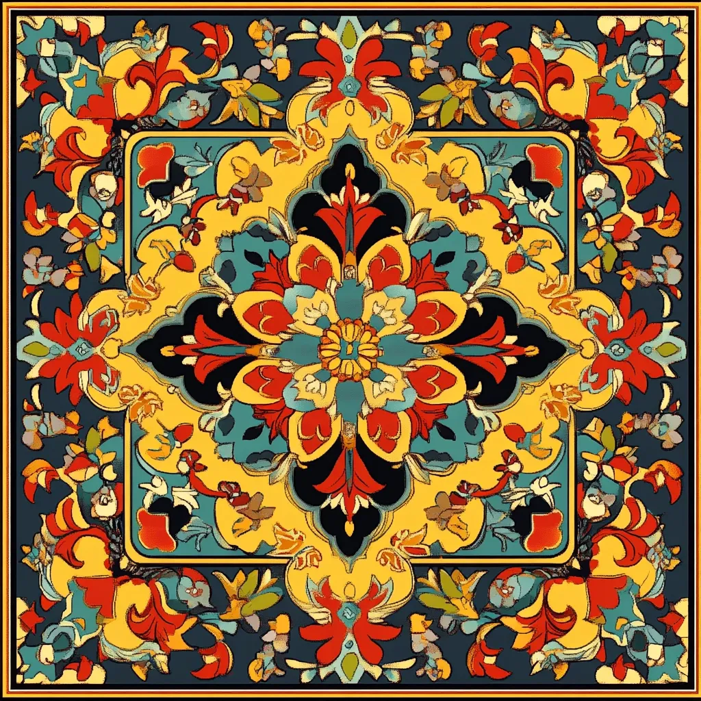 A vibrant square textile design showcases intricate floral patterns in a rich palette of red, yellow, teal, and dark blue.  The central motif is a symmetrical, multi-layered flower, surrounded by smaller floral elements and stylized leaves.  The border features a similar design, creating a cohesive and ornate overall composition. The style suggests influences from traditional Middle Eastern or Central Asian art.