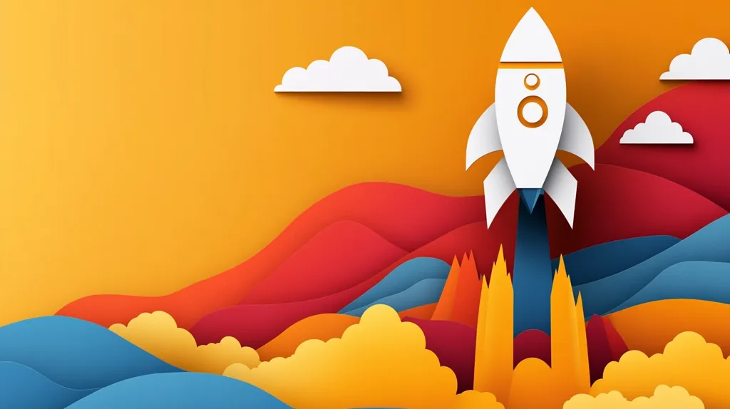 A vibrant paper-cut style illustration depicts a white rocket launching into a bright orange sky.  Layered, colorful hills and clouds in shades of red, orange, yellow, and blue form a dynamic landscape below. The scene evokes a sense of dynamism and progress, symbolizing a new beginning or a successful launch. The overall aesthetic is cheerful and uplifting.