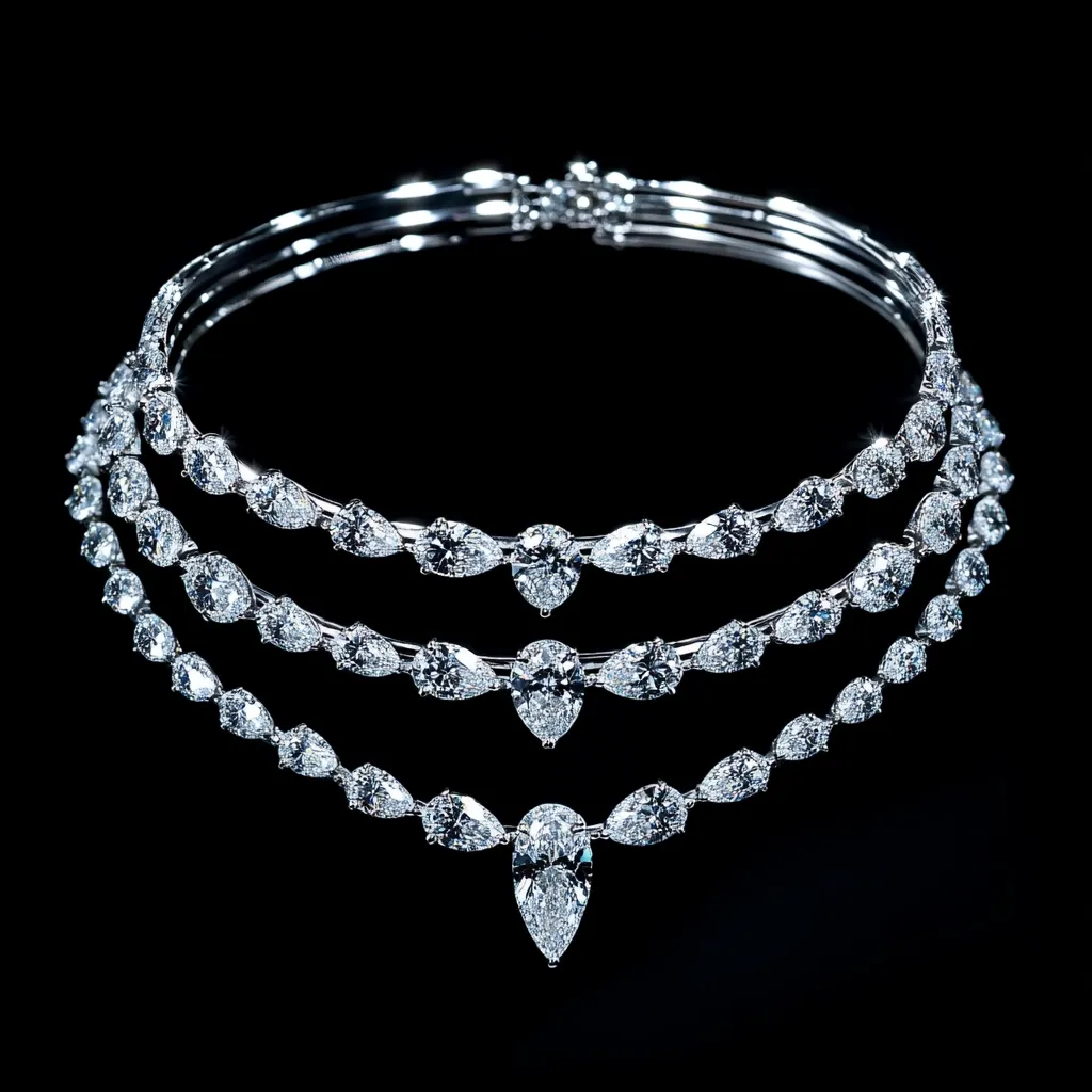 A stunning diamond necklace, captured against a stark black background.  Three tiers of pear-shaped and round brilliant-cut diamonds cascade downwards, culminating in a single, large pear-shaped diamond pendant.  The delicate metalwork is barely visible, allowing the brilliance of the diamonds to take center stage. The necklace exudes luxury and elegance.