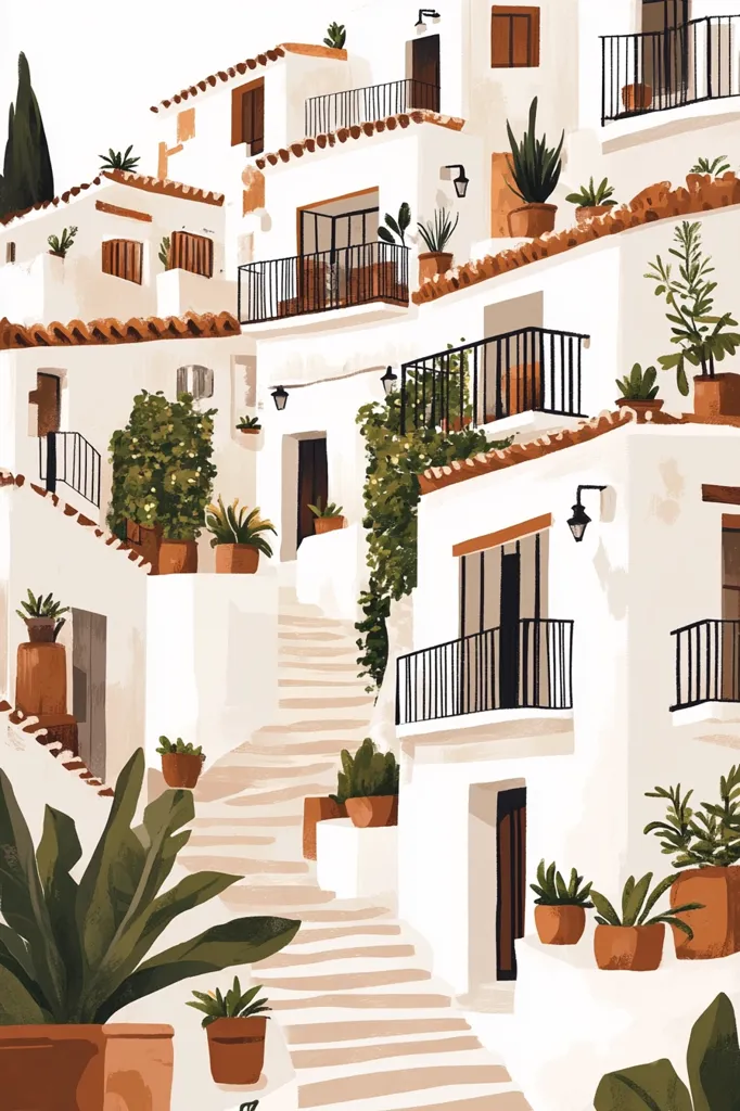 A charming illustration depicts a sun-drenched, whitewashed village nestled on a hillside.  Terracotta-roofed houses climb the stairs, adorned with lush potted plants and balconies.  The warm tones and detailed architecture evoke a sense of peaceful Mediterranean charm.  The scene is idyllic and inviting, capturing the beauty of a traditional village setting.