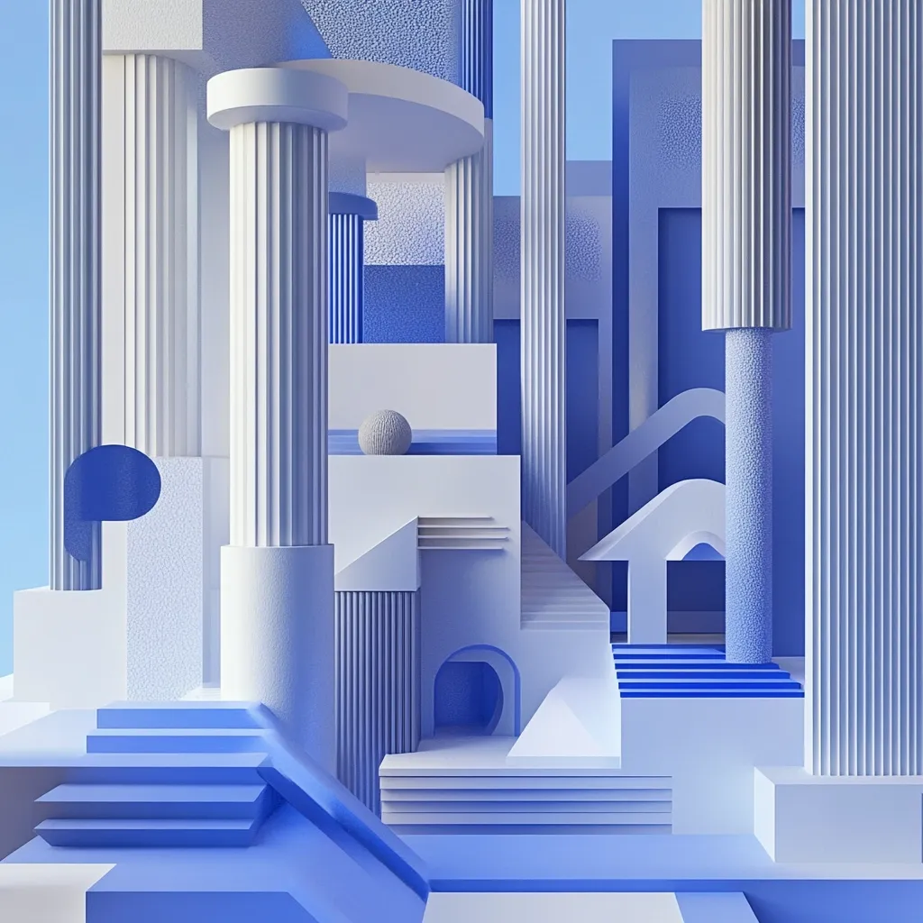 An abstract architectural rendering showcases a complex composition of pale blue and white geometric shapes.  Classical columns and steps are interwoven with modern, minimalist forms, creating a surreal and layered cityscape.  The scene is bathed in soft light, emphasizing the texture of the shapes, creating a calming and artistic effect. A small sphere rests subtly within the composition.