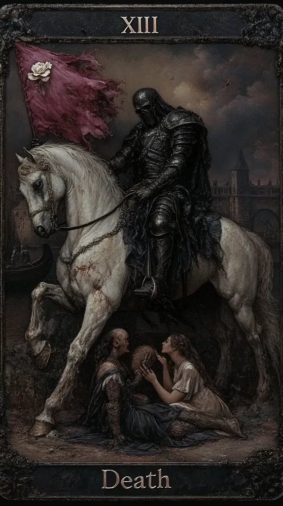 A dark, gothic depiction of the Death tarot card. A cloaked figure on a pale horse, bearing a crimson flag with a white rose, rides through a somber cityscape. Below, two figures, a man and a woman, mournfully cradle a skull. The scene is rich in detail, conveying a sense of loss and the inevitability of mortality. The overall mood is melancholic and evocative of classic death imagery.  The Roman numerals XIII are displayed above the scene.