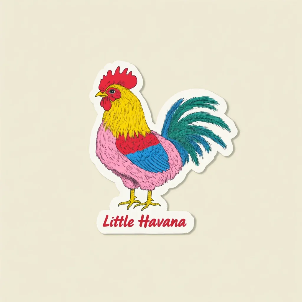 A stylized rooster, predominantly pink with yellow, red, and blue accents, is depicted in a sticker design.  Its tail feathers are teal.  Below the rooster, the words "Little Havana" are printed on a smaller, rectangular sticker.  The overall style is vibrant and playful.