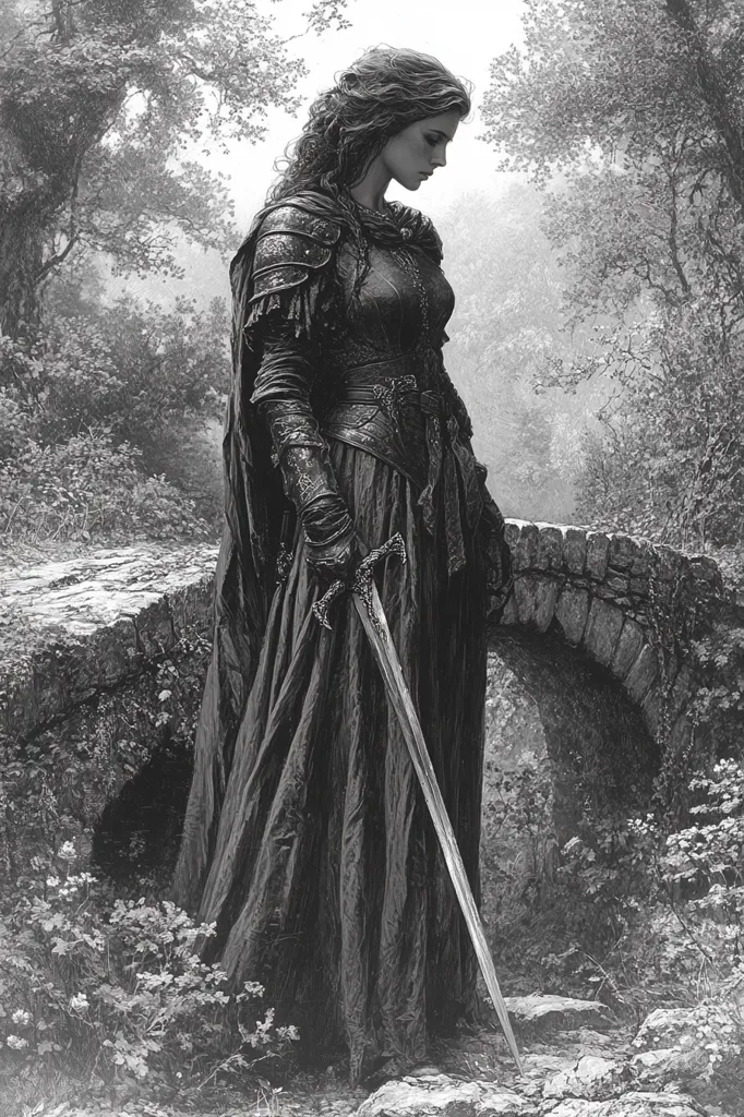 A grayscale image depicts a melancholic female knight standing by a stone bridge in a forest.  She is clad in dark armor and a flowing gown, her head bowed. A long sword rests at her side, its hilt grasped in her gloved hand. The scene evokes a sense of solitude and perhaps loss, the muted tones enhancing the somber mood. The background is softly focused, emphasizing the central figure.