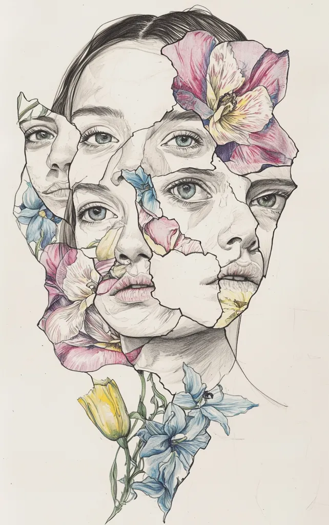 A detailed pencil sketch depicts a woman's face fragmented into pieces, each section filled with vibrant flowers.  Multiple eyes and facial features are visible, suggesting a multiplicity of identities or emotions.  The flowers, rendered with careful shading and color, contrast with the grayscale tones of the face, creating a striking visual effect. The overall style is surreal and evocative, hinting at themes of identity, vulnerability, and the beauty found in imperfection.