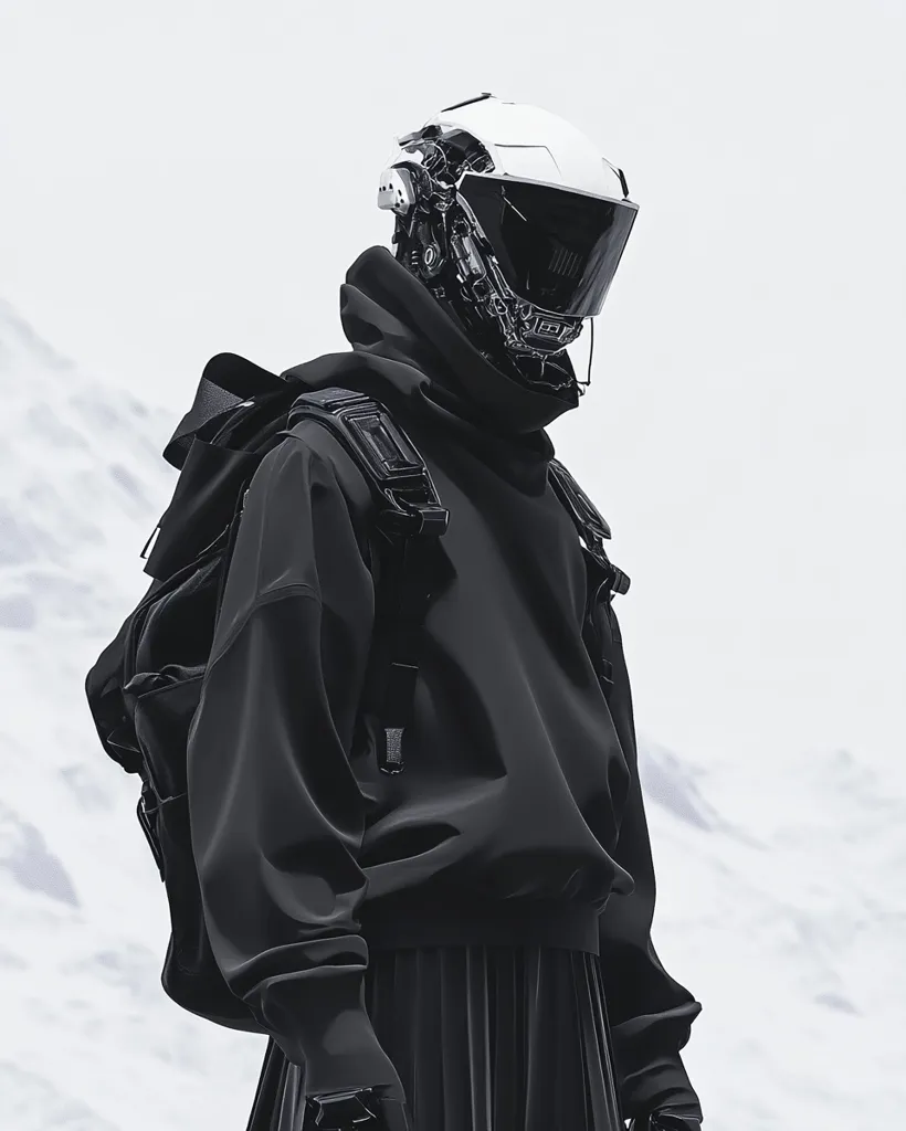 A figure, clad in a sleek black hooded sweatshirt and pleated skirt, stands against a snowy backdrop.  A large black backpack is slung over their shoulders.  The most striking feature is their futuristic white helmet, intricately detailed with mechanical elements, partially obscuring their face. The overall aesthetic is one of cyberpunk minimalism and technological advancement.