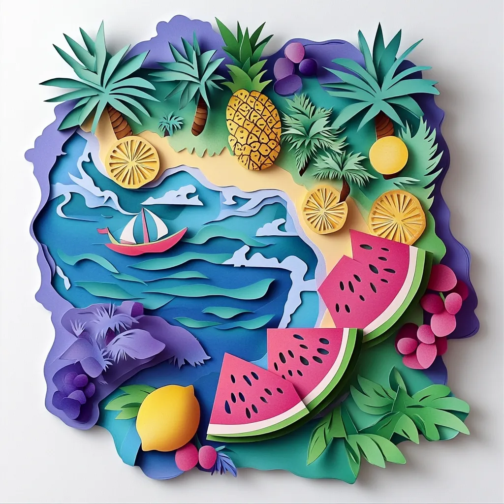 A vibrant paper-cut artwork depicts a tropical island scene.  Palm trees, pineapples, lemons, watermelons, and grapes are meticulously crafted from colored paper, arranged around a cutout of an ocean with a small sailboat.  The layered design creates a three-dimensional effect, showcasing the artist's skill in paper art.  The colors are bright and cheerful, evoking a feeling of summer and relaxation.