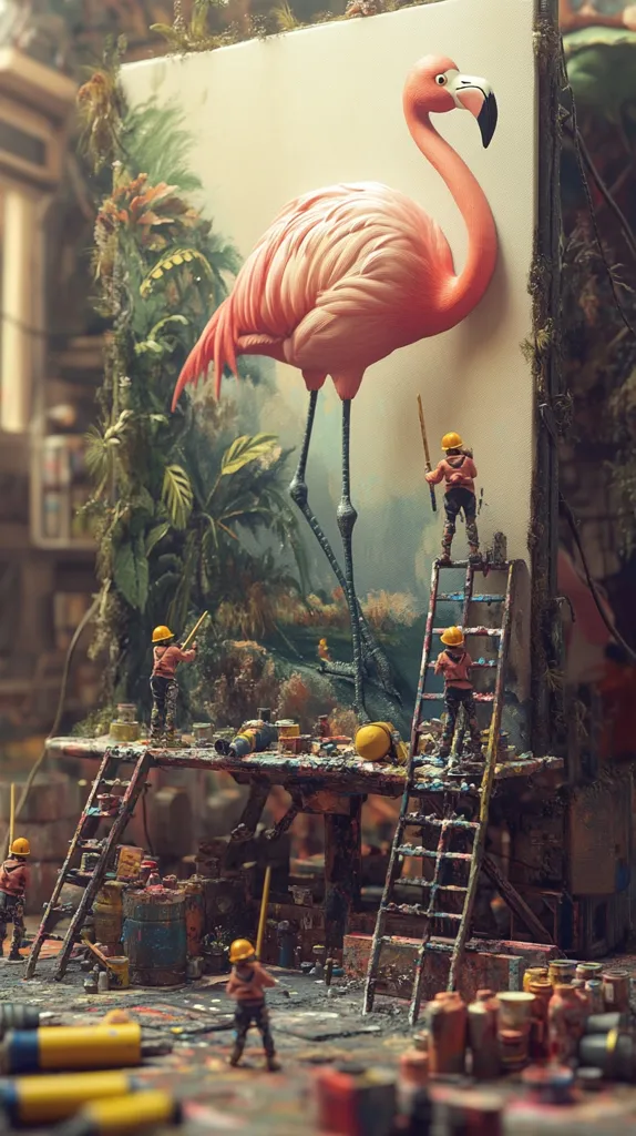 Miniature workers, clad in yellow hard hats, meticulously paint a colossal flamingo depicted on a large canvas.  The scene is set in a cluttered artist's studio, overflowing with paint cans and ladders.  The vibrant flamingo dominates the artwork, its pink plumage vividly contrasting with the earthy tones of the surrounding foliage and the studio's chaotic charm. The image blends realism with fantastical scale.