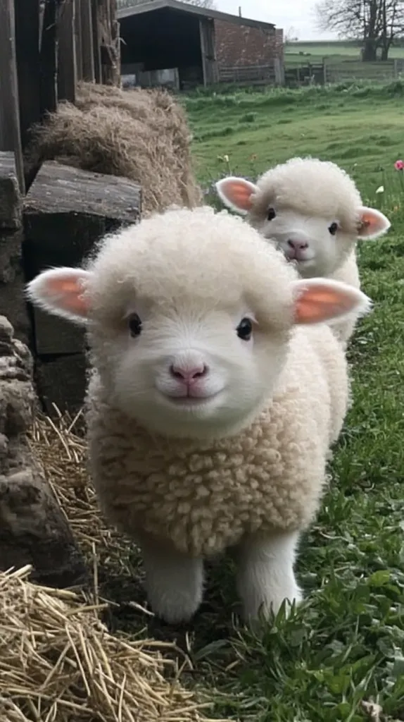 Two adorable lambs stand in a grassy field near a barn.  The foreground lamb is fluffy and creamy white, gazing directly at the camera with a sweet expression.  Hay bales are visible in the background, suggesting a rural farm setting. The overall scene is idyllic and charming.