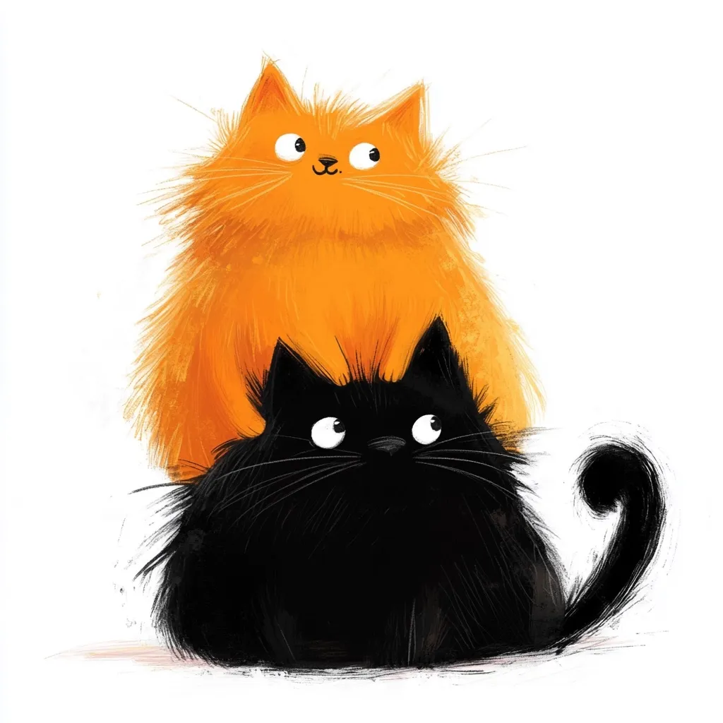 A whimsical illustration features two cartoon cats.  A large, fluffy orange cat sits atop a smaller, round black cat. Both cats have large, expressive eyes and a playful, slightly surprised expression.  The style is loose and painterly, with visible brushstrokes adding to the charming, informal aesthetic. The cats are the focal point against a stark white background.