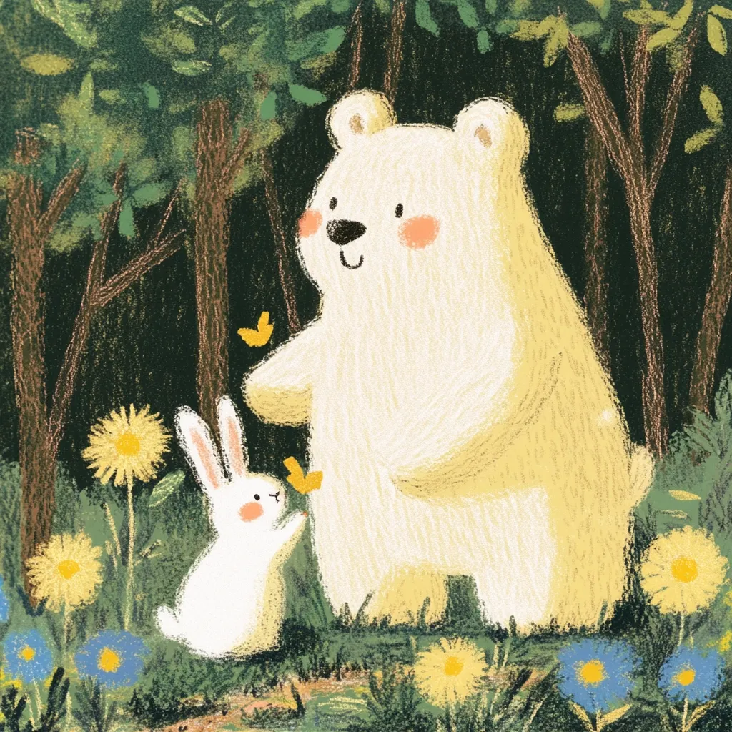 A charming illustration depicts a large, friendly polar bear and a small, white rabbit in a whimsical forest setting.  Butterflies flutter between them amidst a vibrant display of wildflowers and lush greenery. The pastel color palette and soft textures create a peaceful and heartwarming scene, evoking a sense of gentle companionship in nature.  The style is reminiscent of children's book illustration.