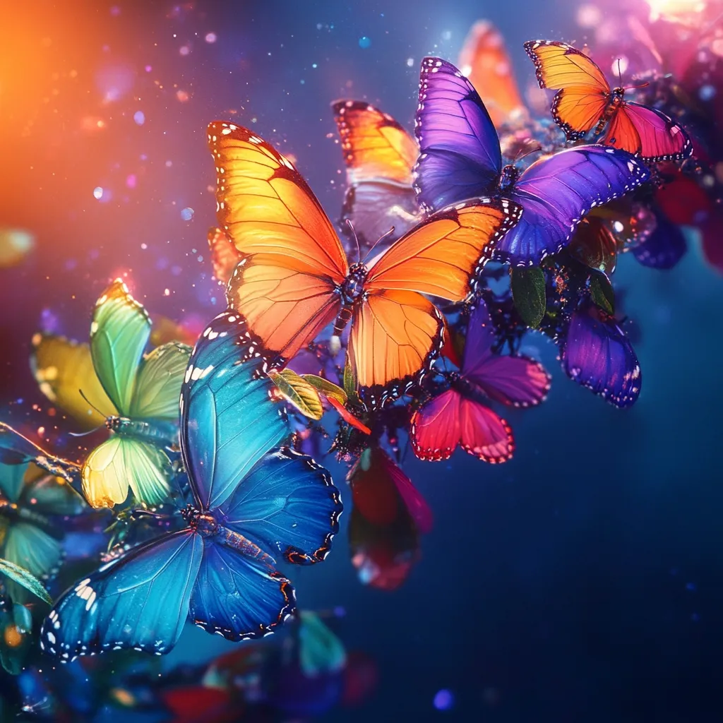 A vibrant cluster of iridescent butterflies in a dazzling array of colors.  Orange, blue, purple, and green wings shimmer against a deep blue background, speckled with light.  The butterflies appear to be clustered on a branch, their wings overlapping in a breathtaking display of nature's artistry.  The overall effect is one of magical beauty and wonder.
