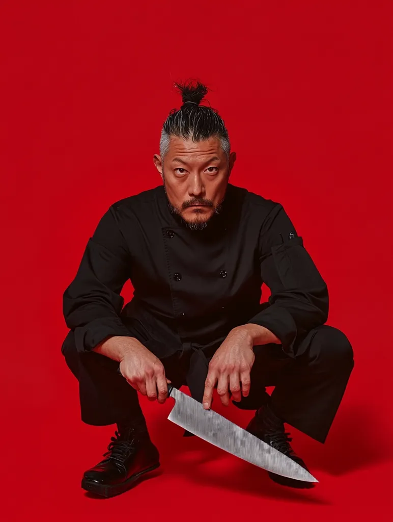 A man with a topknot hairstyle, wearing a black chef's jacket, squats on a red background.  He holds a large, serrated knife in front of him, his gaze directed intensely at the camera.  The overall mood is serious and slightly ominous.  The contrast between the red background and the black clothing, combined with the knife, creates a striking visual.