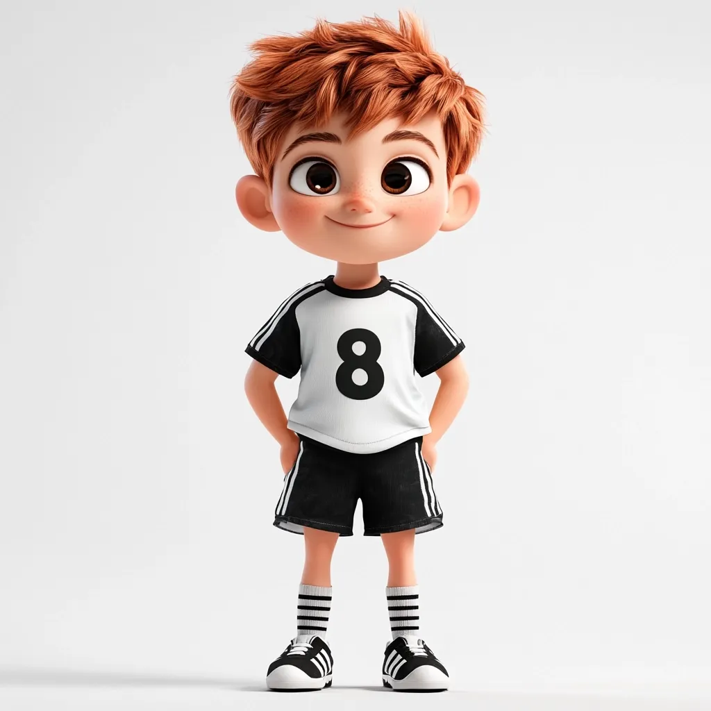 A cute, cartoon rendering of a young boy. He has short, reddish-brown hair and large, expressive eyes.  He's dressed in a soccer uniform—a white jersey with black trim and the number eight, black shorts with white stripes, and black and white striped socks and shoes. He stands with his hands on his hips, projecting a confident and playful demeanor.  The background is plain white.