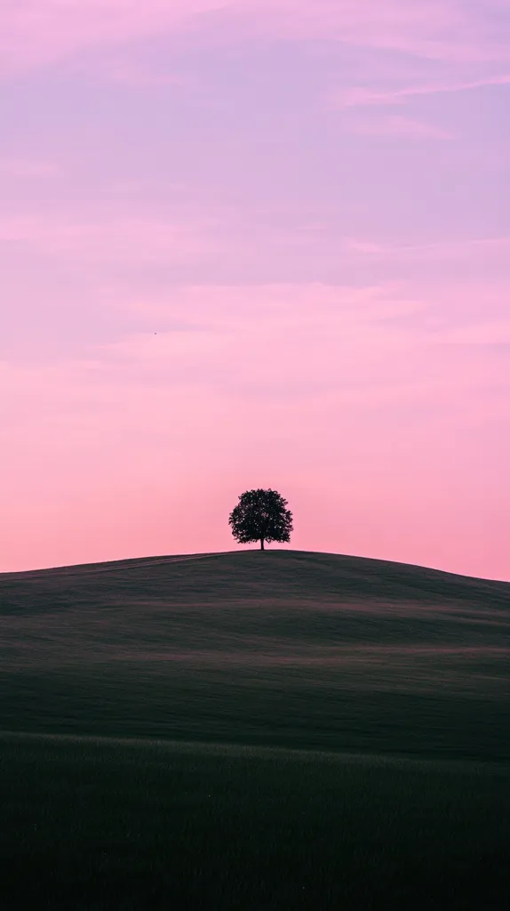 A solitary tree stands silhouetted against a gentle, rolling hill under a soft pink sunset sky. The vast expanse of the landscape emphasizes the tree's isolation, creating a serene and peaceful atmosphere. The pastel hues of the sky contrast beautifully with the dark green of the hill, producing a minimalist and captivating image. The scene evokes a sense of tranquility and quiet contemplation.