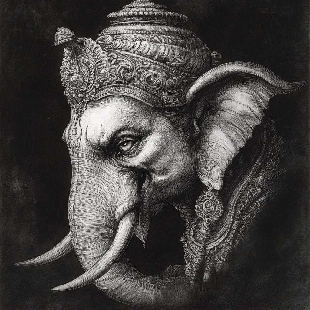 A detailed black and white drawing depicts Ganesha, the Hindu elephant-headed god.  He is adorned with an ornate, intricately detailed crown and elaborate jewelry.  His expression is serious and intense, his gaze piercing. The artist's meticulous shading creates a sense of depth and texture, emphasizing the grandeur and power of the deity. The dark background further accentuates the subject.