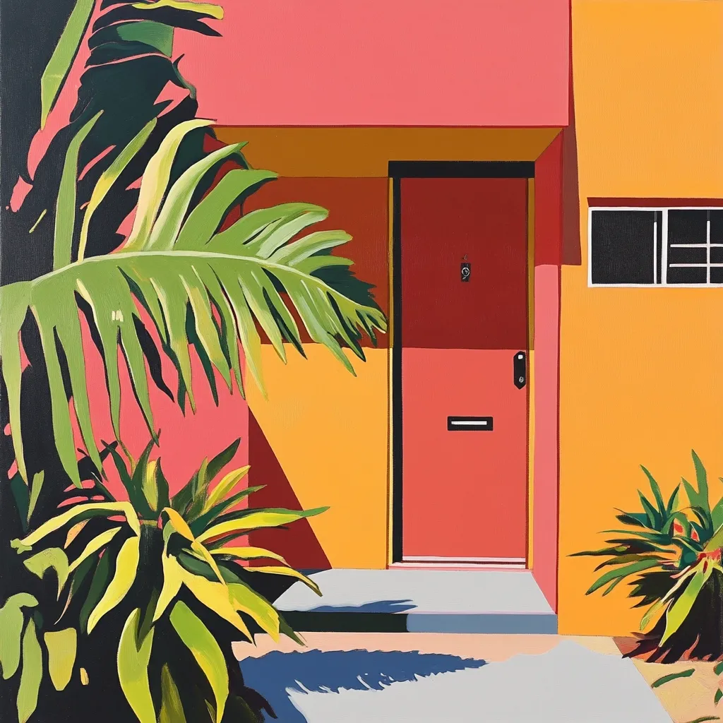A vibrant painting depicts a coral-colored door framed by a sunny yellow wall. Lush tropical foliage flanks the doorway, casting shadows on a light grey stoop. The bold colors and stylized plants create a lively, mid-century modern aesthetic.  The simple composition focuses on the interplay of color and form, evoking a sense of warmth and tropical escape.