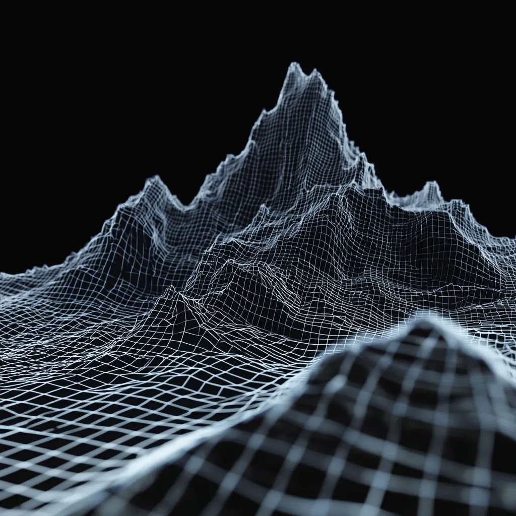 A digital rendering of a mountain range depicted as a wireframe mesh against a black background. The mesh forms a three-dimensional landscape, showing peaks and valleys with a grid-like structure.  The image suggests a digital terrain or a visualization of data, emphasizing the abstract representation of a physical form.  The lighting is subtle, highlighting the intricate detail of the wireframe.