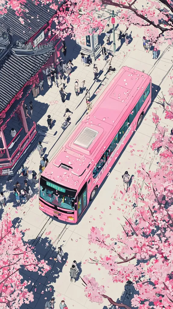 A pink bus sits on a street lined with cherry blossom trees in full bloom.  People stroll along the sidewalks, their shadows cast on the pavement.  Traditional Japanese architecture, including a temple-like building, forms the backdrop to this idyllic, springtime scene.  Falling cherry blossom petals blanket the ground, adding to the vibrant pink aesthetic.