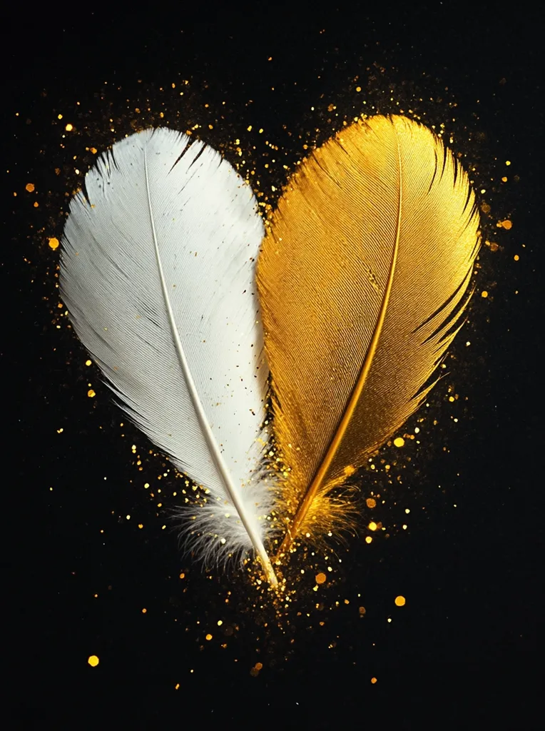 Two feathers, one white and one gold, are arranged to form a heart shape against a black background.  Golden glitter surrounds and accentuates the feathers, creating a luxurious and romantic feel. The contrast between the colors and the delicate nature of the feathers evokes feelings of elegance and grace.