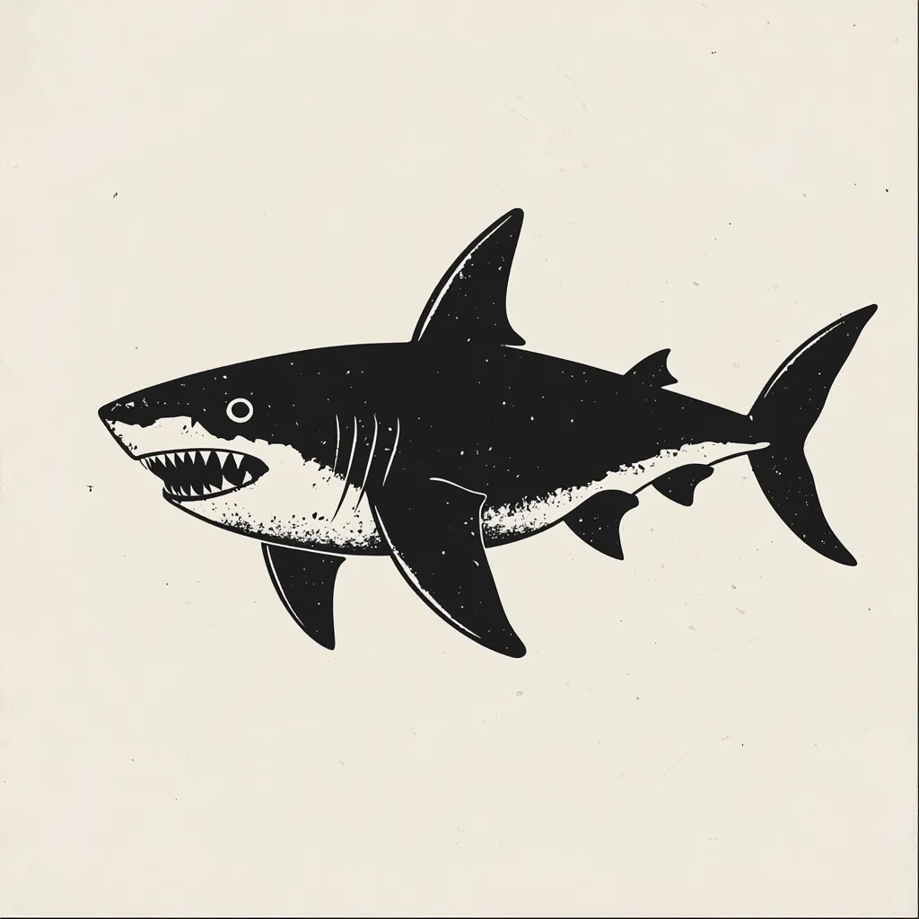 A stylized black and white illustration of a great white shark.  The shark is depicted in profile, swimming towards the right, with its sharp teeth visible. The image has a vintage, textured aesthetic, suggesting a print or screen-printed design. The background is a muted beige. The shark's silhouette is bold and powerful, conveying a sense of strength and danger.
