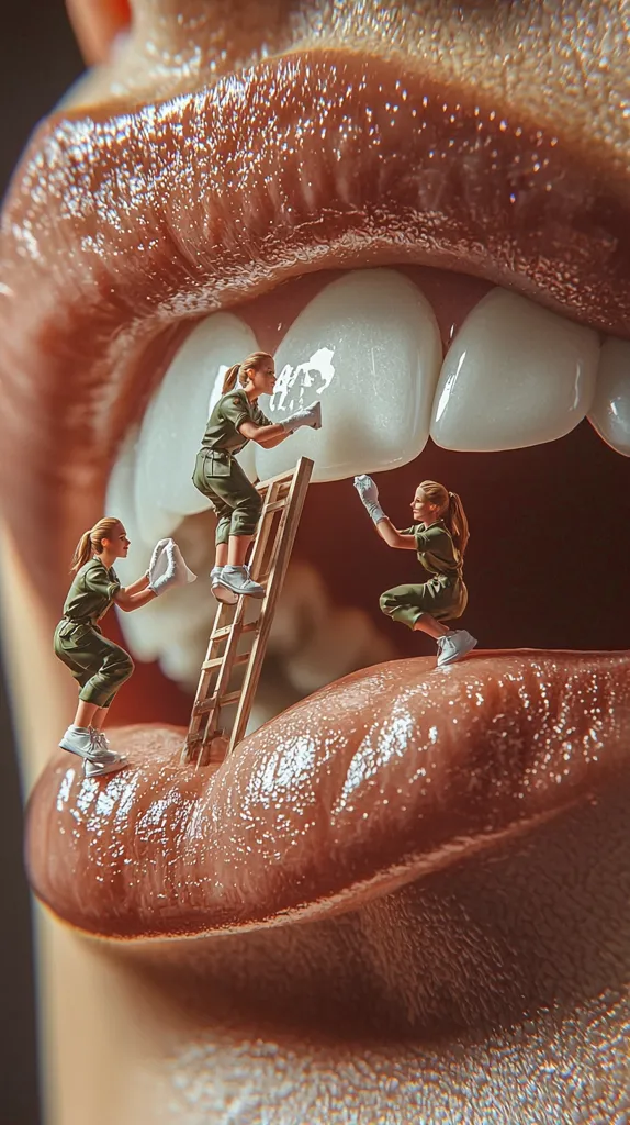 The image shows a close-up of a woman's lips, magnified to gigantic proportions.  Three miniature figures, dressed in olive green jumpsuits, are working on a tooth within the mouth.  One figure uses a ladder to reach a tooth while the other two work at different angles. The scene is surreal and playful, highlighting the scale difference between the macro and micro perspectives.