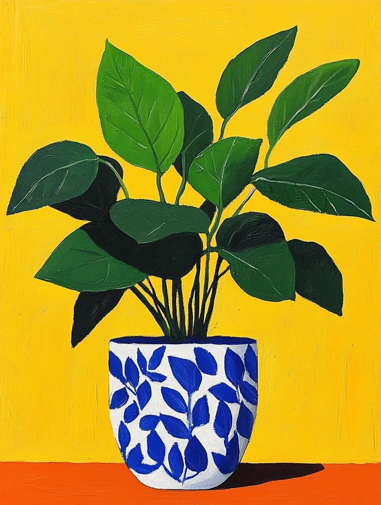 A vibrant painting depicts a houseplant in a blue and white patterned pot against a sunny yellow background. The plant's large, dark green leaves contrast sharply with the bright yellow and the pot's cool tones.  The simple composition and bold colors create a striking, modern aesthetic. The pot sits on a narrow orange surface, adding another layer of color contrast. The style is reminiscent of minimalist art.