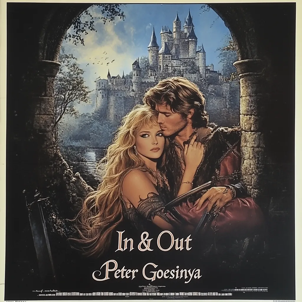 A movie poster for "In & Out" directed by Peter Goesiya.  The artwork depicts a romantic couple embracing, she with flowing blonde hair, he with dark hair.  They stand in a stone archway, a majestic medieval castle looms in the background across a tranquil body of water.  The overall aesthetic is romantic and fantasy-driven.