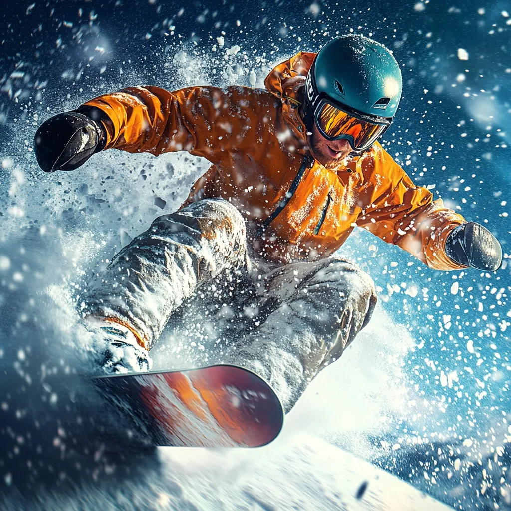 A snowboarder in an orange jacket and teal helmet carves down a snowy slope, a spray of powder exploding around him.  The dynamic action shot captures the thrill of the sport, with snow flying and blurring motion suggesting high speed.  The snowboarder's focused expression is partially visible through his goggles.