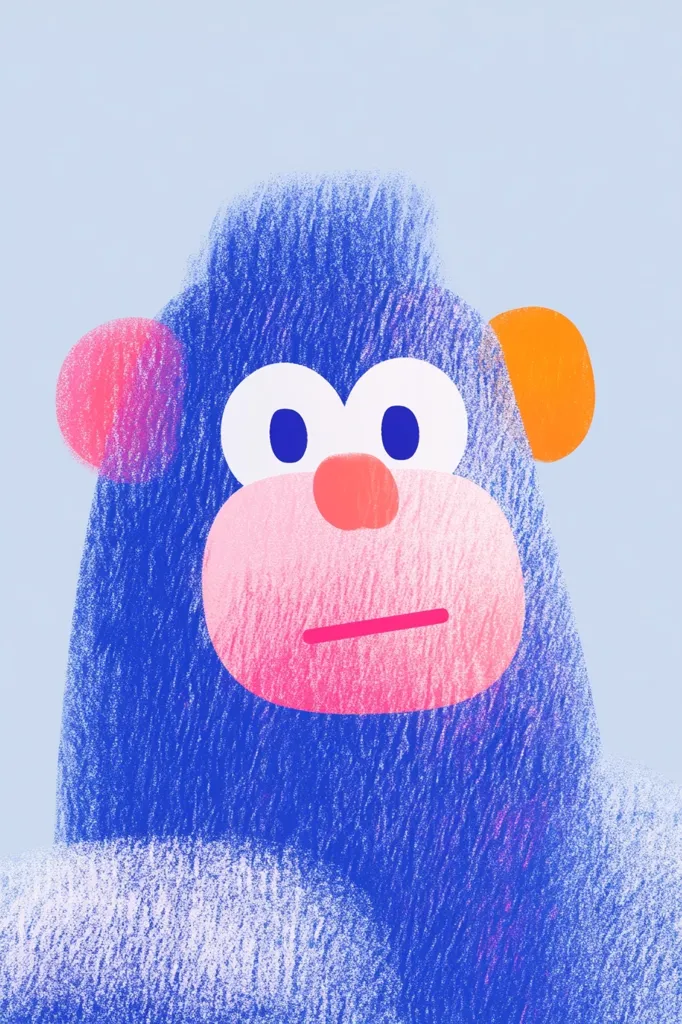 A stylized illustration of a blue monkey's face.  The monkey has large, expressive eyes, a pink nose and mouth, and textured blue fur.  The ears are brightly colored, one pink and one orange. The overall style is playful and childlike, using bold colors and simple shapes. The background is a pale blue.