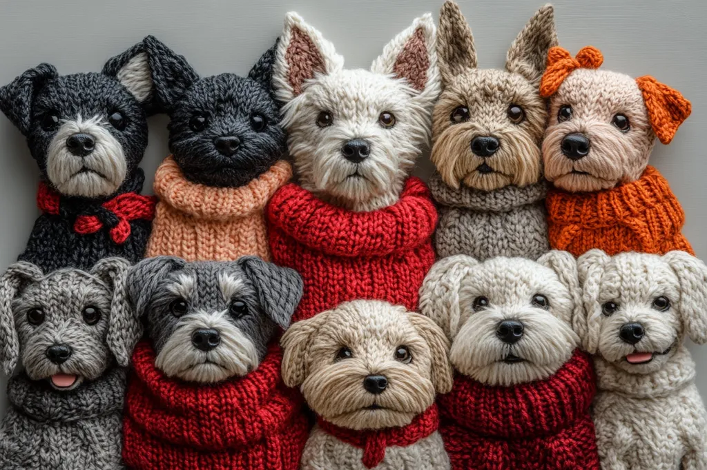 A charming collection of knitted dog portraits.  Ten adorable dogs, including Miniature Schnauzers, West Highland White Terriers, and Yorkshire Terriers, are depicted wearing cozy, hand-knitted sweaters in various colors. The detailed craftsmanship showcases realistic features and expressive faces, creating a heartwarming and whimsical display.  The dogs are arranged closely together, creating a sense of camaraderie and warmth.