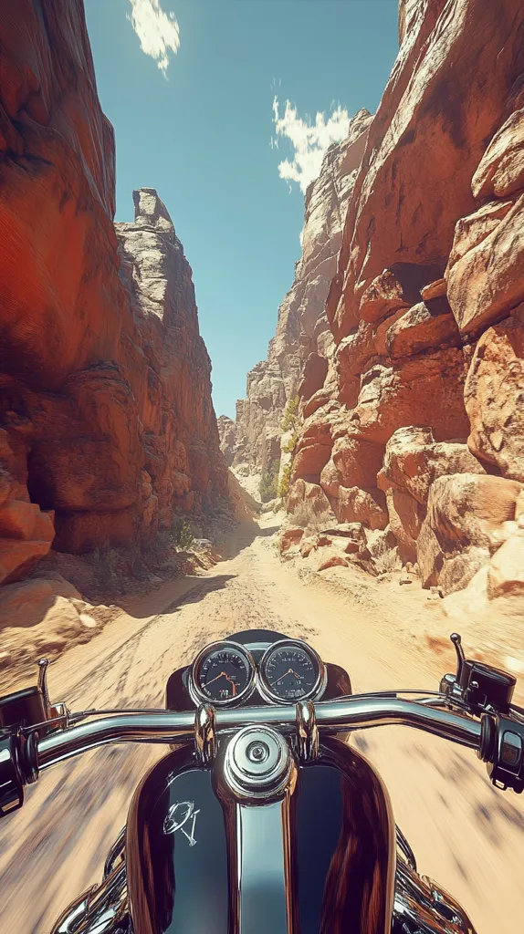 A first-person view from a motorcycle speeding through a narrow canyon.  Towering red rock walls rise on either side, creating a dramatic and sun-drenched landscape. The motorcycle's speedometer and tachometer are visible, emphasizing the speed and the adventurous journey.  The sandy trail winds ahead, promising a thrilling ride through the stunning desert scenery.