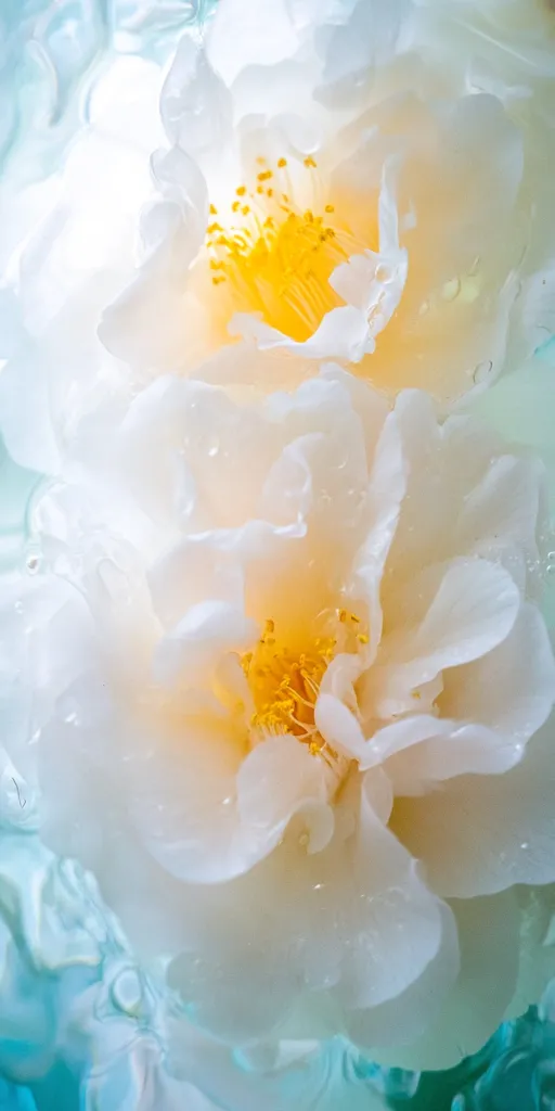 Two delicate white camellias, submerged in water, dominate the image.  Their petals are translucent, showcasing a soft, ethereal quality.  The yellow stamens are visible at the center of each flower, contrasting beautifully against the white.  The water creates a gentle, swirling effect around the blossoms, enhancing their delicate beauty.  The overall impression is one of serene purity and elegance.