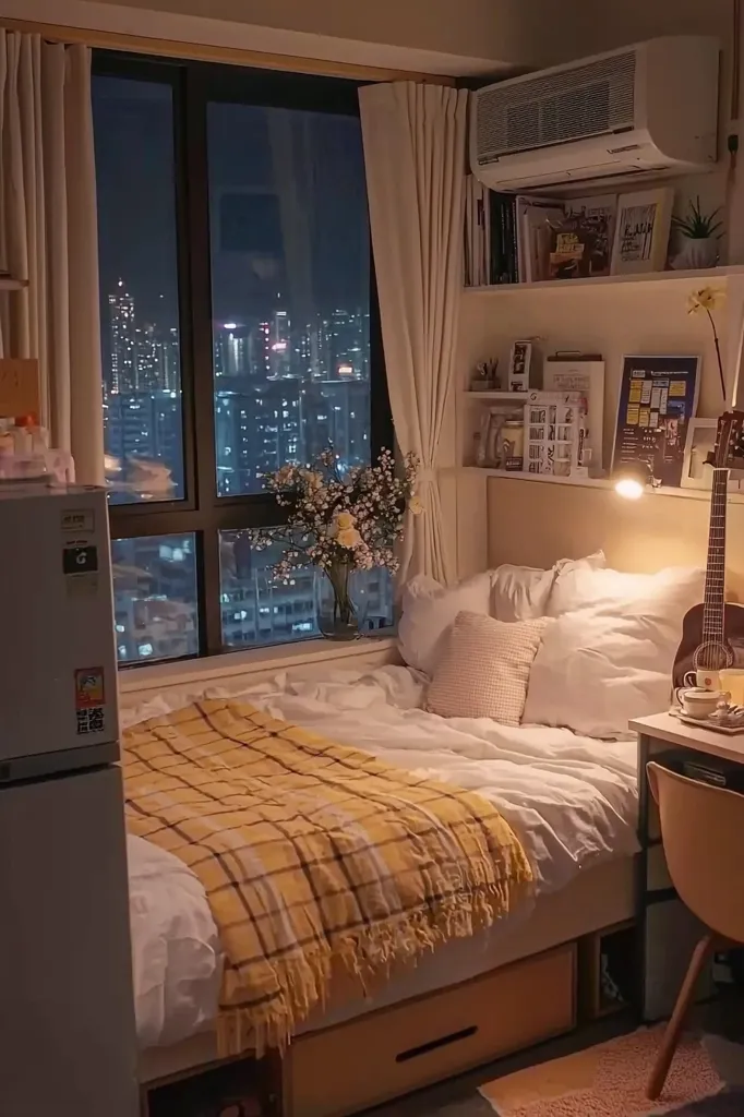A cozy bedroom features a bed with a yellow plaid throw blanket, nestled by a large window offering a stunning nighttime cityscape view.  Soft lighting illuminates the room, accented by a small desk and shelves filled with books and decor. A minimalist aesthetic is achieved with a neutral color palette and simple furnishings.  The overall ambiance is calm and inviting.