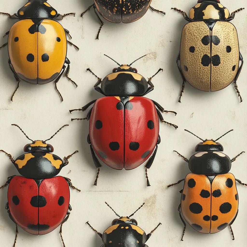 A collection of six ladybugs, each with unique color variations, are depicted against a textured beige background.  The ladybugs showcase different shades of red, yellow, and orange, with black spots and markings. The image has a vintage aesthetic, possibly suggesting a scientific illustration or collectible card.  The detail is sharp, highlighting the insects' intricate patterns and textures.