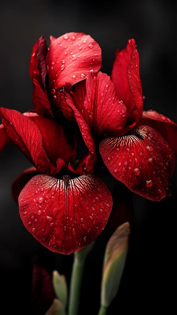A close-up reveals two vibrant red iris blossoms, their petals delicately adorned with water droplets.  The rich, dark red hue contrasts dramatically against a stark black background, emphasizing the flower's velvety texture and intricate details.  The image exudes a sense of elegance and dramatic beauty, highlighting the exquisite form of the iris.  A budding bloom is visible below, hinting at continued growth.