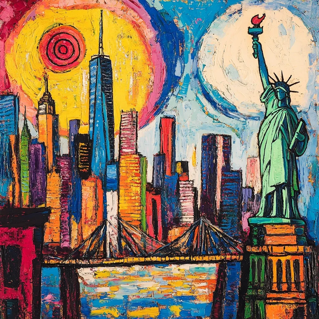 A vibrant, impasto-style painting depicts the New York City skyline, featuring the One World Trade Center, Brooklyn Bridge, and the Statue of Liberty.  Bold, colorful strokes create a dynamic energy. The sun and sky are rendered as large, expressive circles, adding to the artwork's whimsical, almost cartoonish quality. The overall effect is a joyful, stylized representation of iconic New York landmarks.