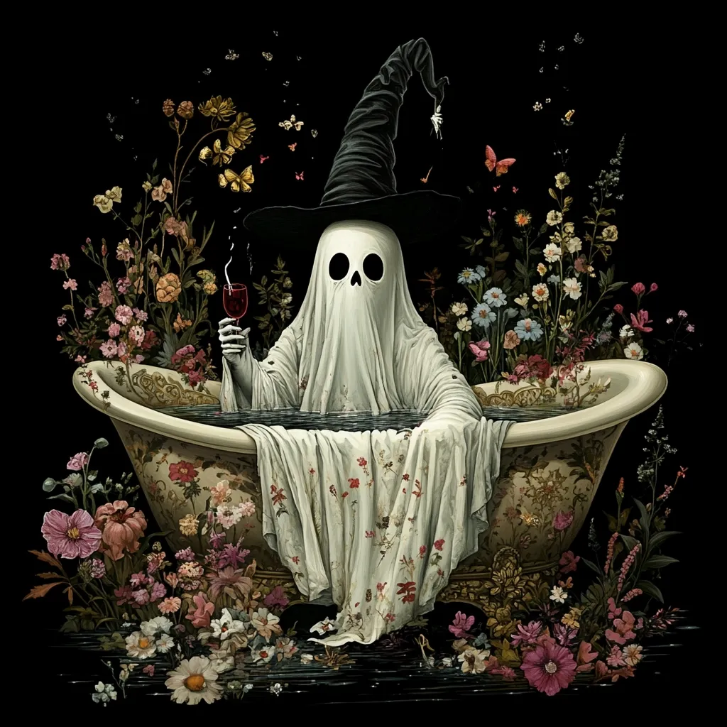 A whimsical illustration depicts a ghost, wearing a witch's hat, luxuriating in a floral-adorned bathtub.  The ghost holds a glass of red wine, surrounded by an abundance of colorful flowers and fluttering butterflies. The dark background contrasts sharply with the vibrant blooms and the ethereal figure, creating a captivating and slightly spooky scene. The overall style suggests a blend of gothic and fantasy aesthetics.