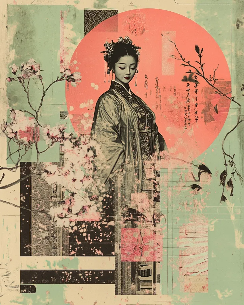 A stylized portrait of a woman in traditional East Asian attire is presented against a collage backdrop.  She stands within a large, coral-toned circle, overlaid with fragmented text and imagery.  Pale pink blossoms and branches frame the subject, adding to the artwork's layered, textured effect.  The overall aesthetic blends vintage and contemporary styles, creating a visually rich and evocative piece.