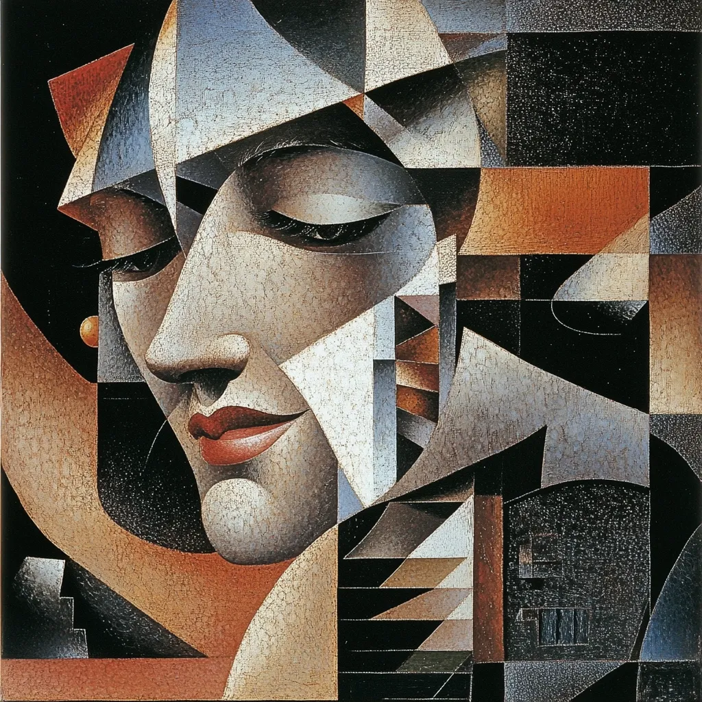 A cubist-style portrait of a woman's face dominates the artwork.  Geometric shapes and fragmented planes create a face with closed eyes and a serene expression.  The artist uses a muted color palette of browns, grays, and creams with hints of orange, emphasizing texture and form through the interplay of light and shadow.  The background features a complex arrangement of geometric shapes, enhancing the overall abstract yet figurative composition.
