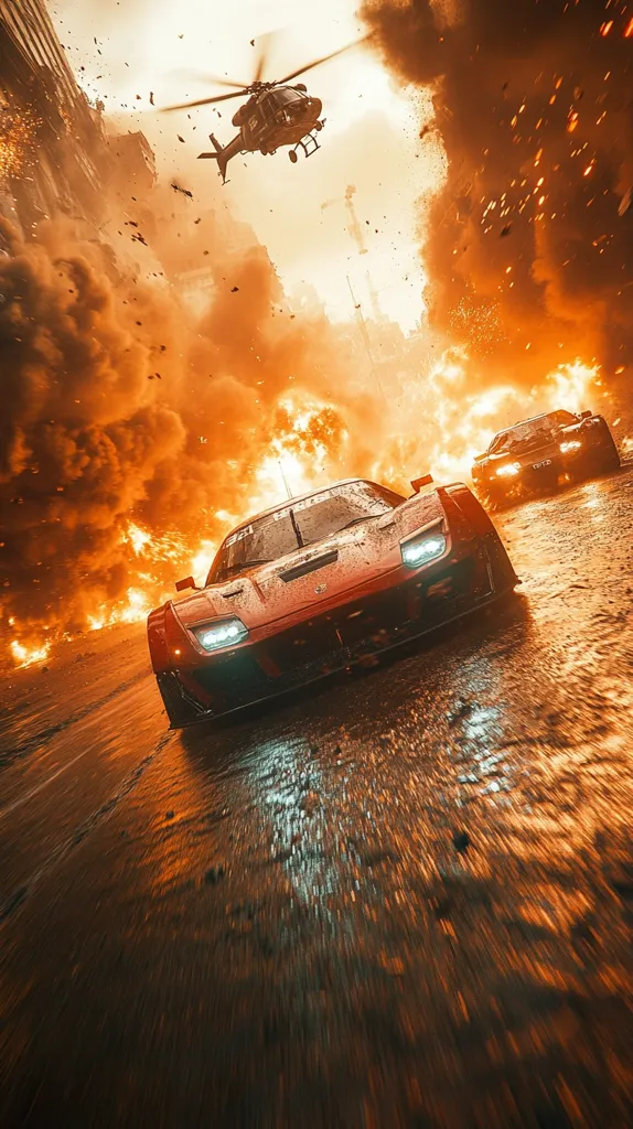 A dramatic image depicts a red sports car speeding through a city street engulfed in flames and explosions.  A helicopter flies overhead, adding to the chaotic scene.  The car is wet, suggesting rain or water from the fire. The overall effect is one of intense action and destruction, possibly a video game or film still.