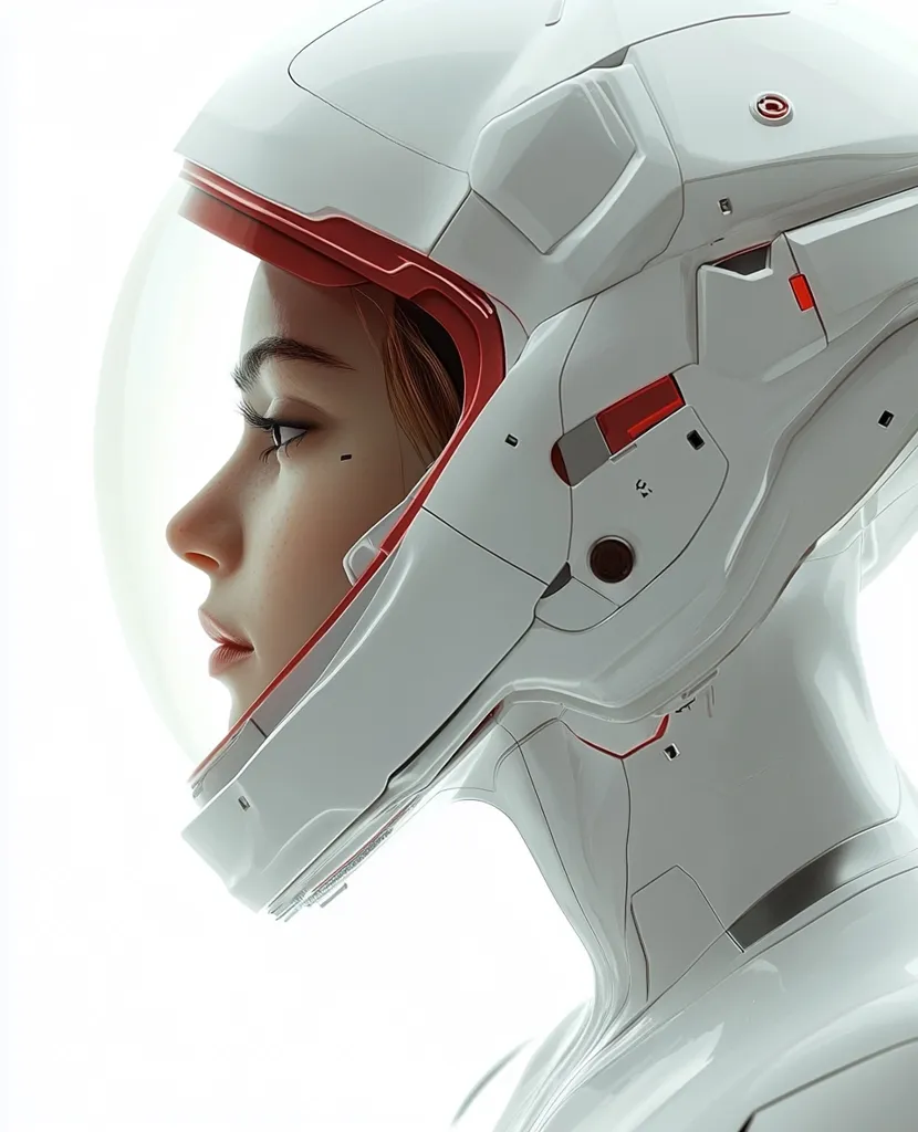 A profile view of a woman's face, partially obscured by a futuristic white helmet with red accents. The helmet's design is sleek and technologically advanced, suggesting a science fiction or cyberpunk setting.  The woman's expression is serene and contemplative, her gaze directed to the side. The image is minimalist, with a stark white background emphasizing the subject's form and the helmet's intricate details.