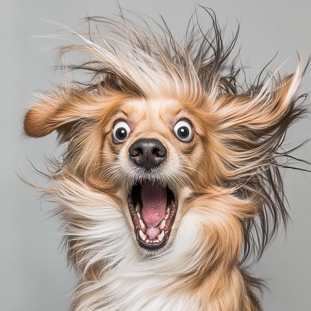 A long-haired dog with its fur blowing wildly in the wind has a surprised expression. Its eyes are wide, and its mouth is open in a gasp.  The dog's fur is light brown and tan, and its expression is comical. The background is a simple, neutral gray.
