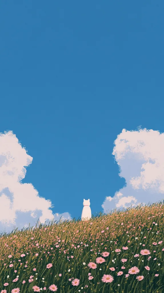 A white cat sits atop a gently sloping hill covered in a vibrant field of pink wildflowers.  The sky is a clear, bright blue, dotted with fluffy white clouds. The scene is peaceful and idyllic, evoking a sense of serenity and calm. The cat's back is to the viewer, adding to the contemplative mood of the artwork.