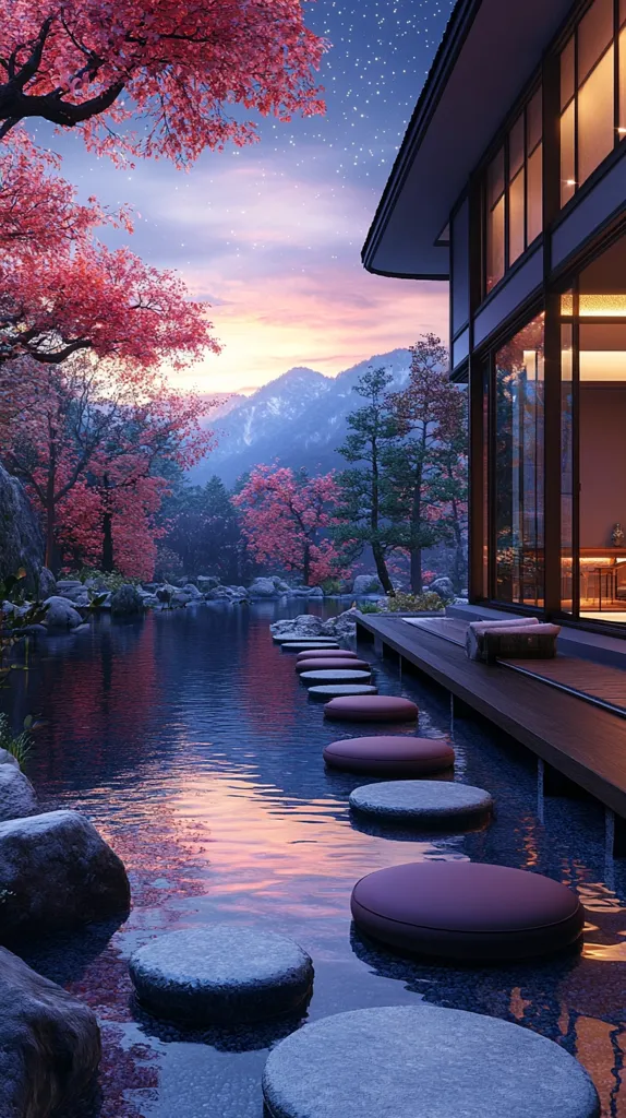 A serene Japanese-style garden at sunset.  Pink cherry blossoms frame a tranquil pond with stepping stones leading to a modern home.  Mountains rise in the background under a twilight sky dotted with stars.  The scene evokes peace and tranquility, reflecting the beauty of nature and architectural harmony.