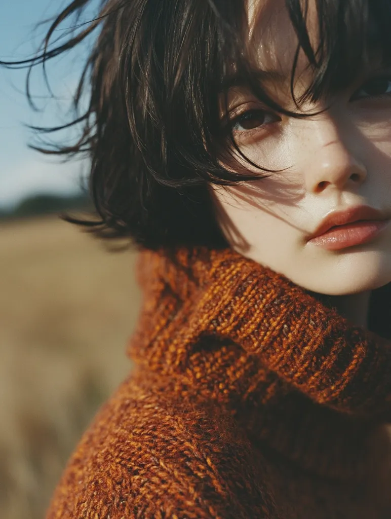 Close-up portrait of a young woman with short, dark hair, partially obscuring her face.  She wears a warm, rust-colored turtleneck sweater.  The background is blurred, suggesting an outdoor setting.  The image has a soft, dreamy quality with natural lighting emphasizing the texture of the sweater and the woman's skin.  Her expression is serene and slightly melancholic.