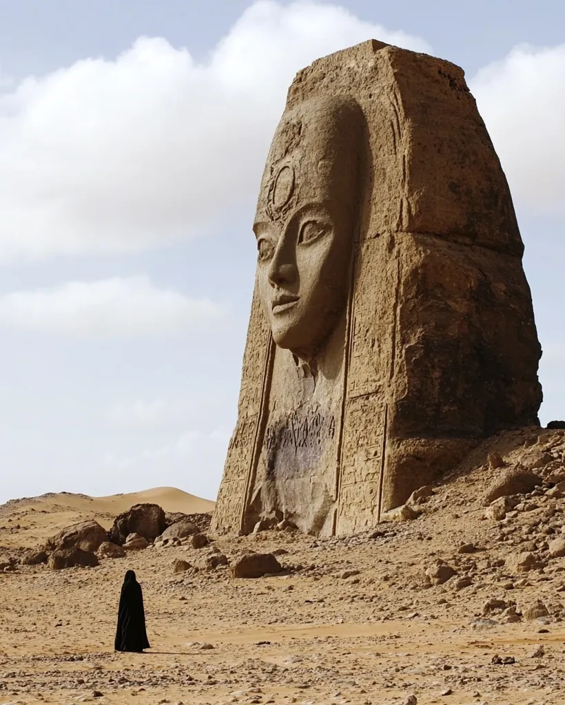 A colossal stone head, reminiscent of ancient Egyptian art but with a unique third eye, dominates the desert landscape.  Carved into a massive rock formation, the weathered face shows intricate detail.  A lone figure, cloaked in black, stands in the foreground, dwarfed by the monument's scale, creating a sense of isolation and awe. The scene evokes a feeling of mystery and ancient power.
