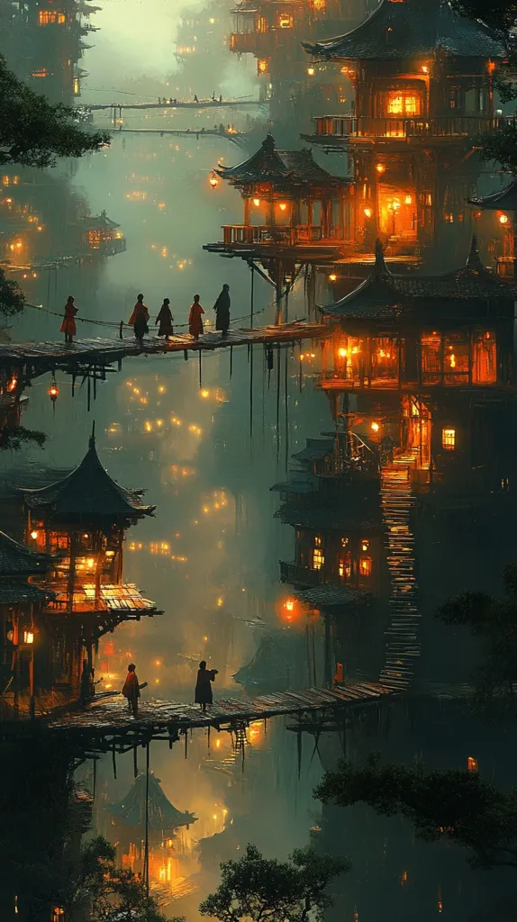 A misty, ethereal cityscape of interconnected wooden structures, reminiscent of Asian architecture, is illuminated by warm lantern light.  Figures in dark clothing traverse elevated walkways connecting the buildings, which appear to be built over water or a deep ravine.  The scene evokes a sense of mystery and tranquility, a fantastical world veiled in fog and glowing with soft light.  The overall mood is serene and otherworldly.